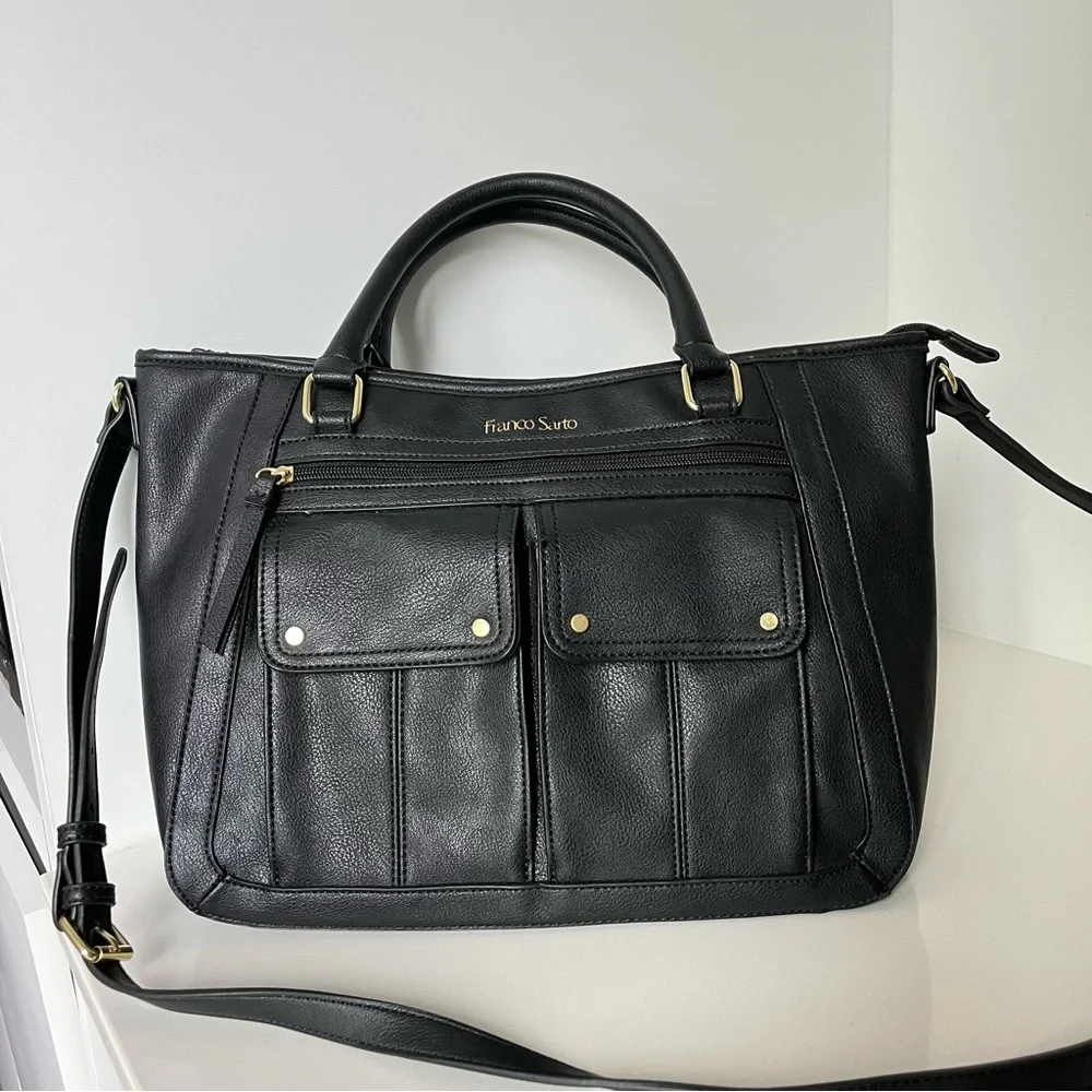 Franco Sarto Black Leather Tote Bag Crossbody with Gold Accents Like New - Picture 1 of 13